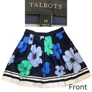 TALBOTS Navy Blue Large Floral Print Pleated Knee Length Skirt Flowers